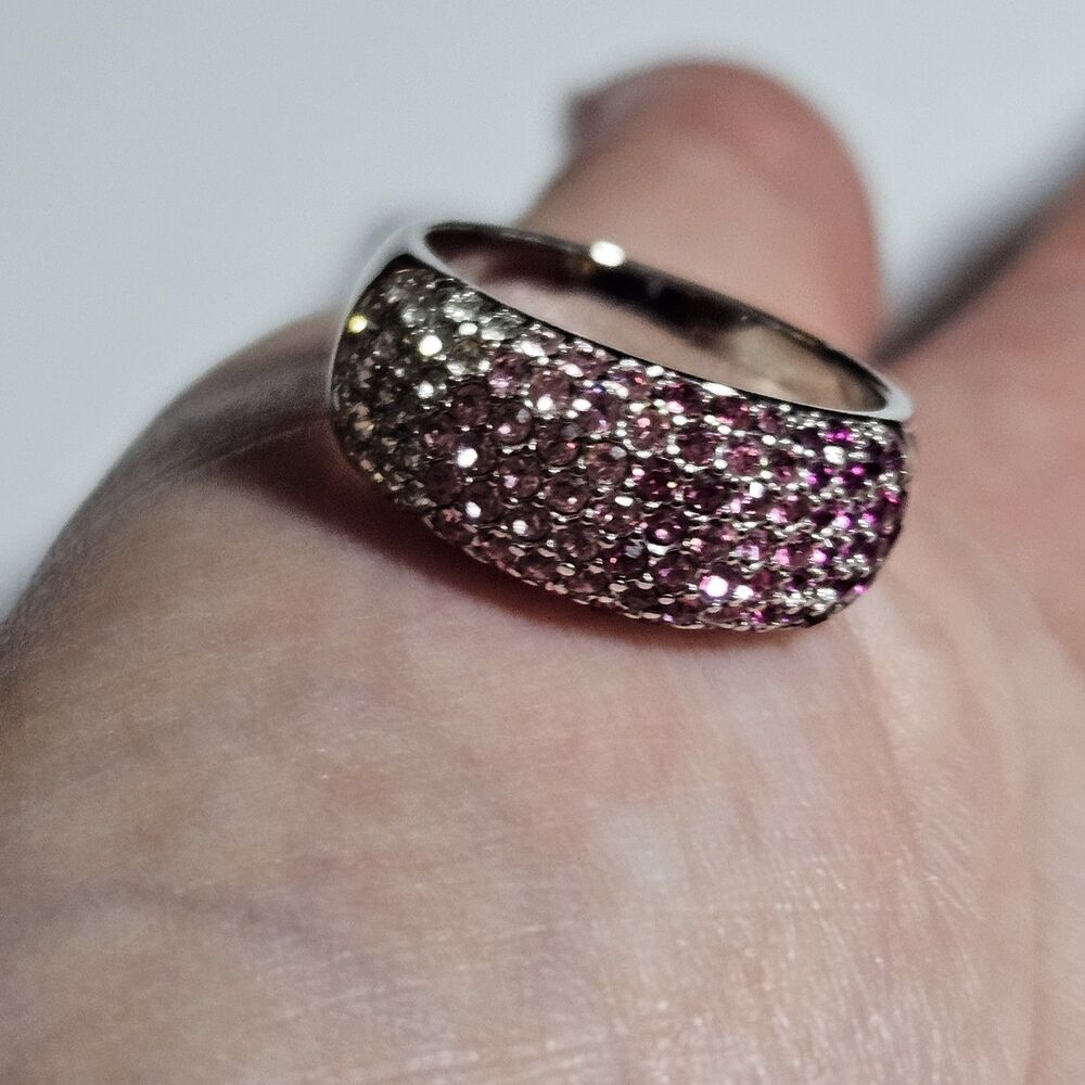 Signed NVC (Avon) Silver Tone Band Fade to Pink High Dome Pave Ring Sz 7